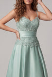 Green Floral Spaghetti Straps Long A Line Formal Dress with Pearls