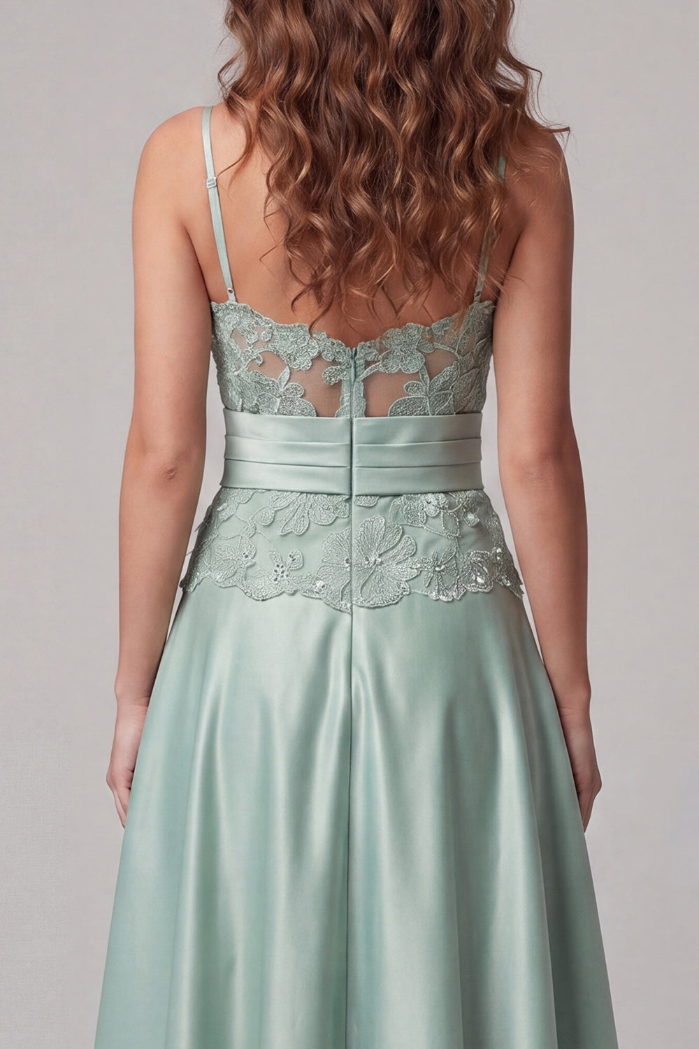 Green Floral Spaghetti Straps Long A Line Formal Dress with Pearls