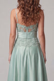 Green Floral Spaghetti Straps Long A Line Formal Dress with Pearls