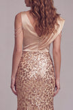 Sparkly Champagne Ruched Beaded Mermaid Sequin Long Formal Dress with Slit