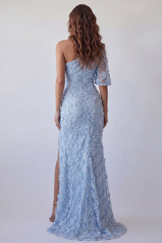 Sky Blue Floral Long Mermaid One Shoulder Ruched Formal Dress with Pearls