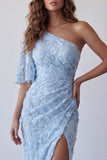 Sky Blue Floral Long Mermaid One Shoulder Ruched Formal Dress with Pearls