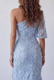 Sky Blue Floral Long Mermaid One Shoulder Ruched Formal Dress with Pearls