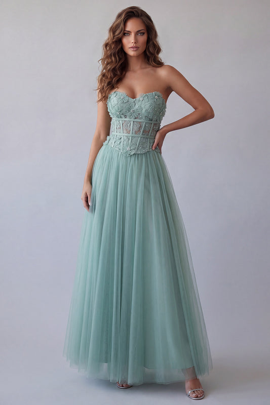 Corset Strapless Green Floral Long A Line Formal Dress with Beading