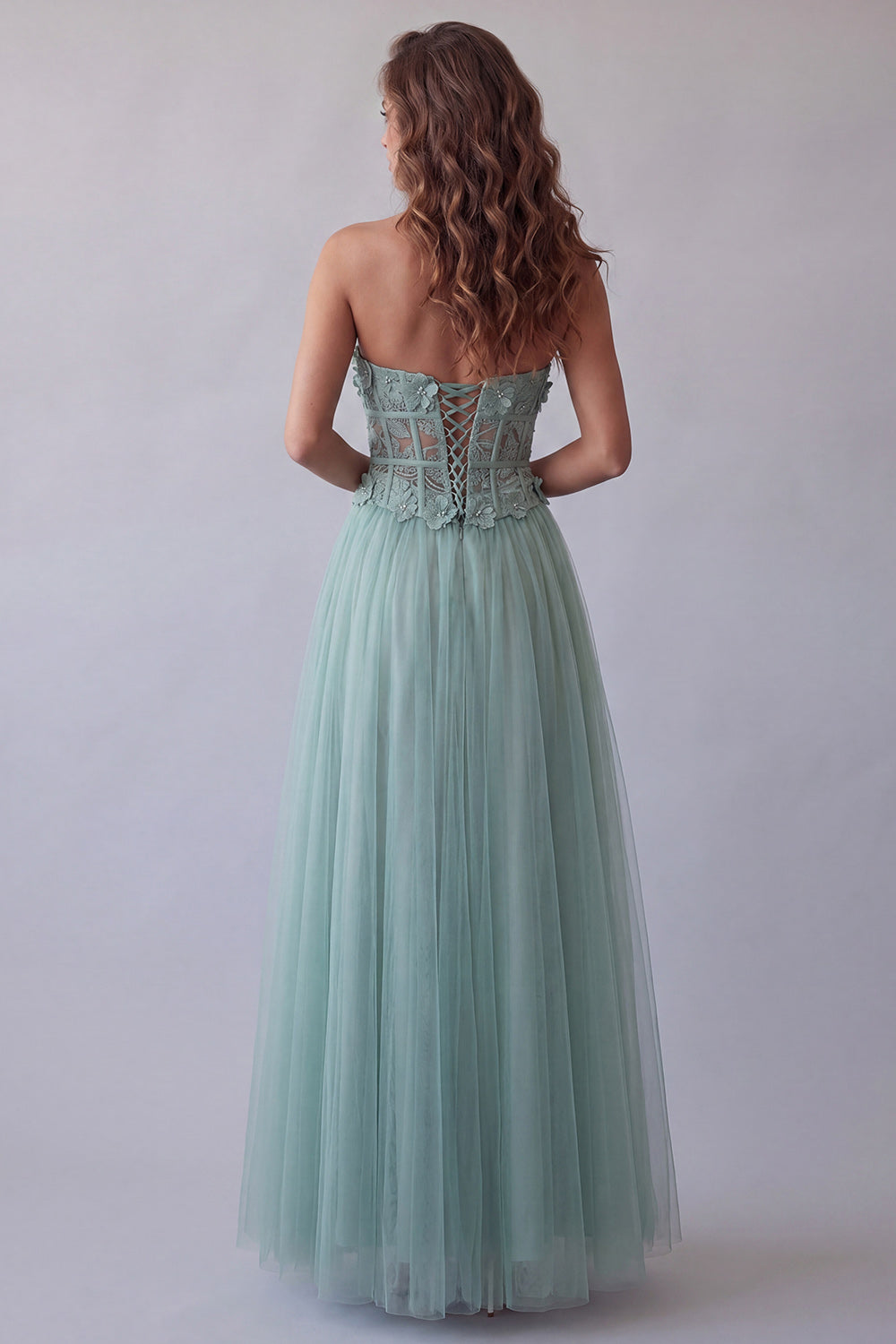 Corset Strapless Green Floral Long A Line Formal Dress with Beading