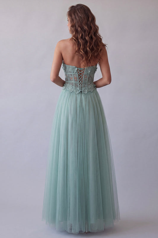 Corset Strapless Green Floral Long A Line Formal Dress with Beading