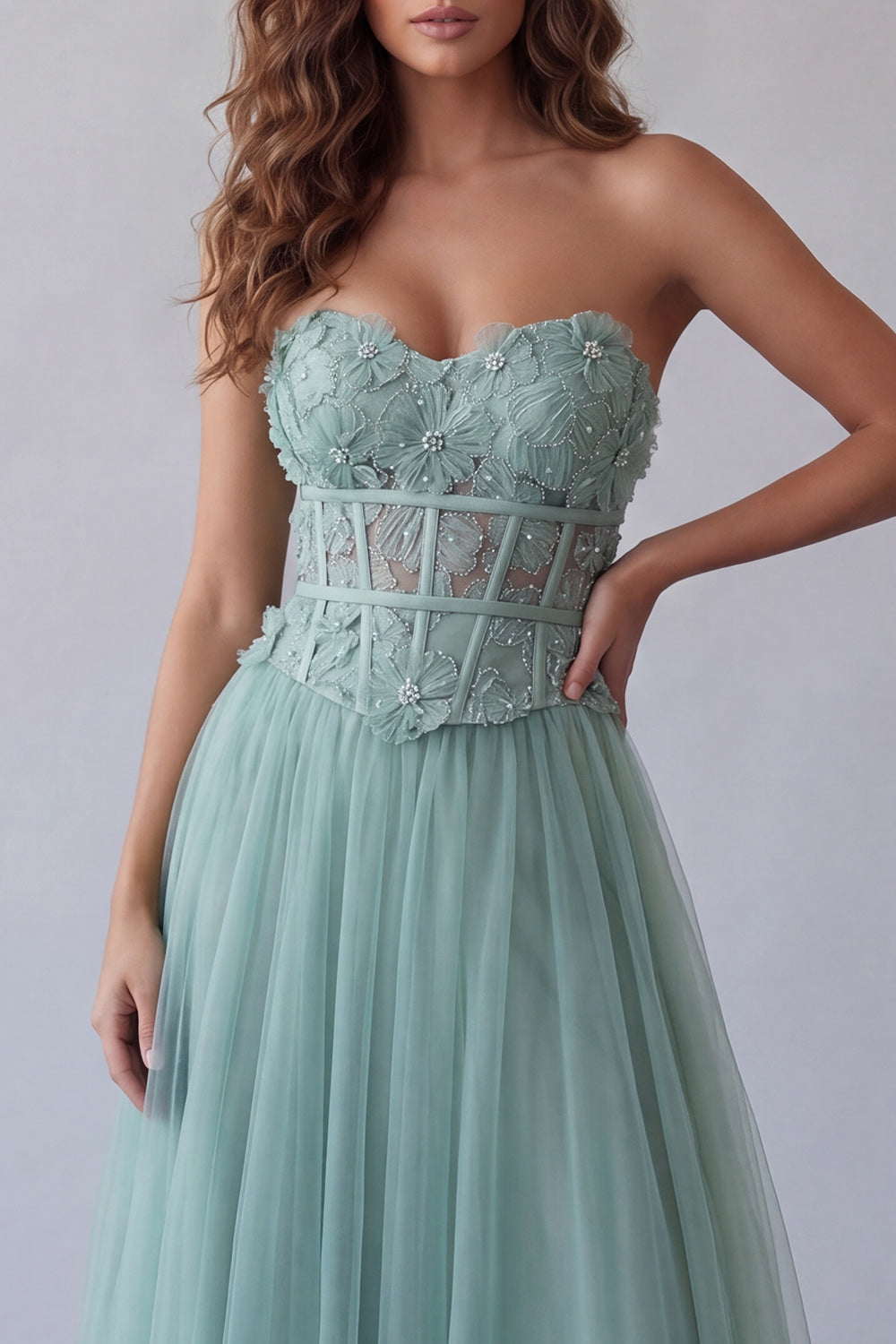 Corset Strapless Green Floral Long A Line Formal Dress with Beading