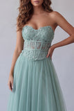 Corset Strapless Green Floral Long A Line Formal Dress with Beading