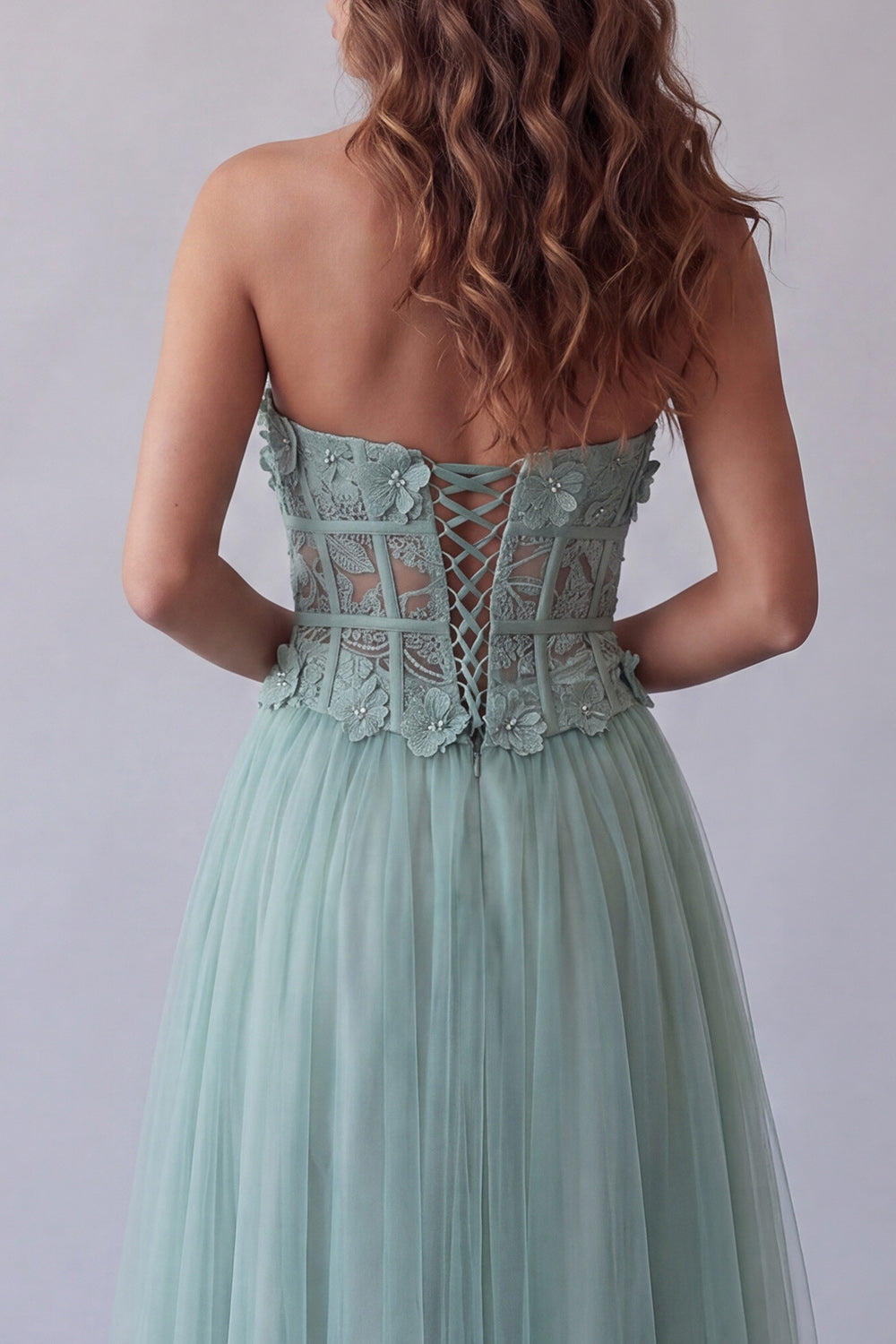 Corset Strapless Green Floral Long A Line Formal Dress with Beading