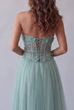 Corset Strapless Green Floral Long A Line Formal Dress with Beading