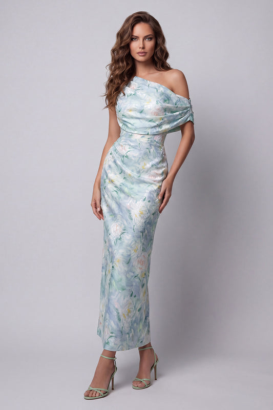 Long Mermaid Ruched Light Green Floral One Shoulder Formal Dress