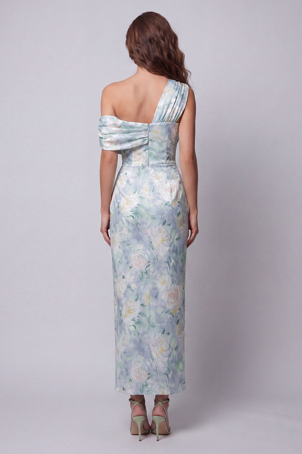 Long Mermaid Ruched Light Green Floral One Shoulder Formal Dress