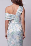 Long Mermaid Ruched Light Green Floral One Shoulder Formal Dress