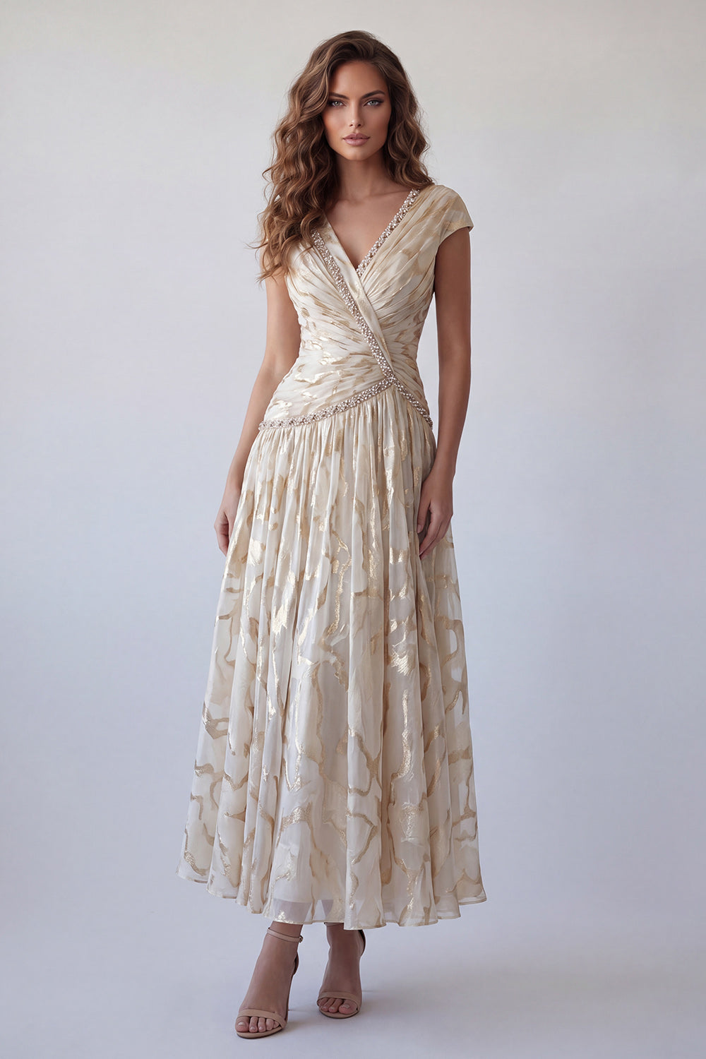 Sparkly Champagne Ruched V-Neck A Line Long Formal Dress with Beading