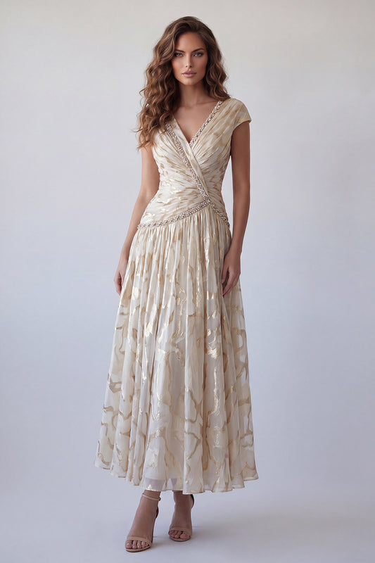 Sparkly Champagne Ruched V-Neck A Line Long Formal Dress with Beading