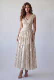 Sparkly Champagne Ruched V-Neck A Line Long Formal Dress with Beading