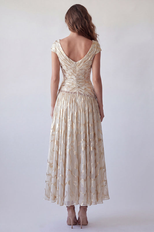 Sparkly Champagne Ruched V-Neck A Line Long Formal Dress with Beading