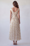Sparkly Champagne Ruched V-Neck A Line Long Formal Dress with Beading