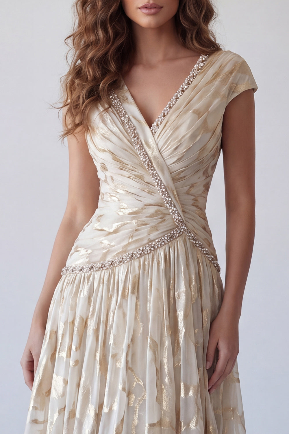 Sparkly Champagne Ruched V-Neck A Line Long Formal Dress with Beading