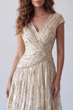 Sparkly Champagne Ruched V-Neck A Line Long Formal Dress with Beading