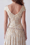 Sparkly Champagne Ruched V-Neck A Line Long Formal Dress with Beading