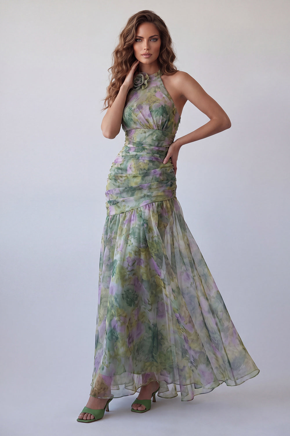 Dusty Sage Floral Halter Ruched Long A Line Formal Dress with 3D Flower