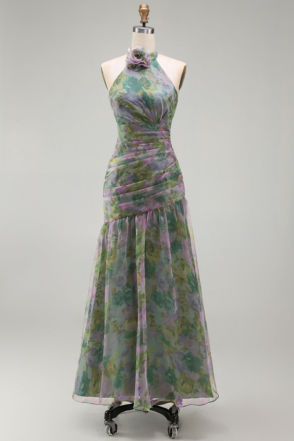 Dusty Sage Floral Halter Ruched Long A Line Formal Dress with 3D Flower