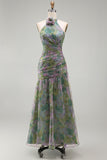 Dusty Sage Floral Halter Ruched Long A Line Formal Dress with 3D Flower
