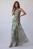 Dusty Sage Floral Halter Ruched Long A Line Formal Dress with 3D Flower