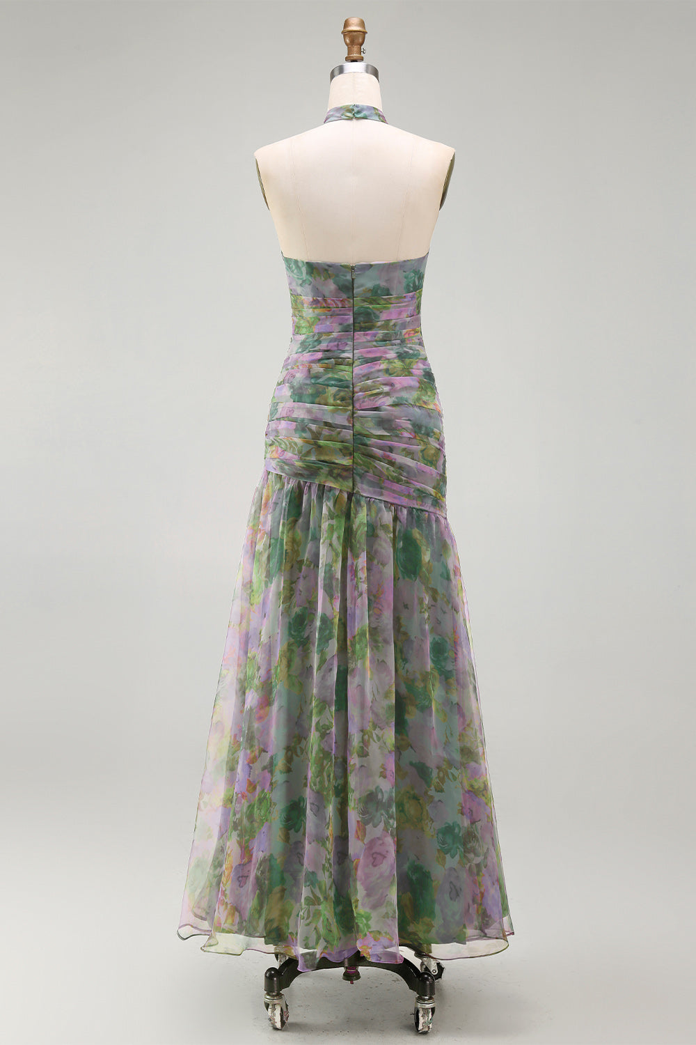 Dusty Sage Floral Halter Ruched Long A Line Formal Dress with 3D Flower