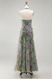 Dusty Sage Floral Halter Ruched Long A Line Formal Dress with 3D Flower