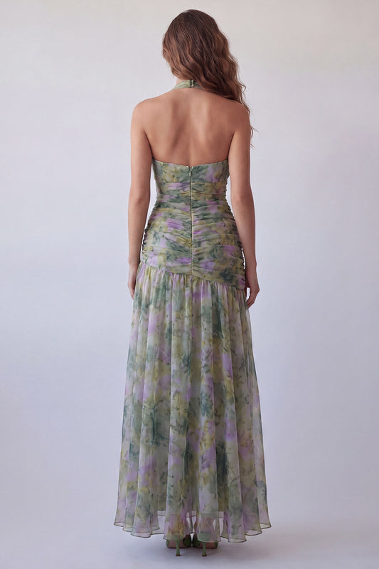 Dusty Sage Floral Halter Ruched Long A Line Formal Dress with 3D Flower