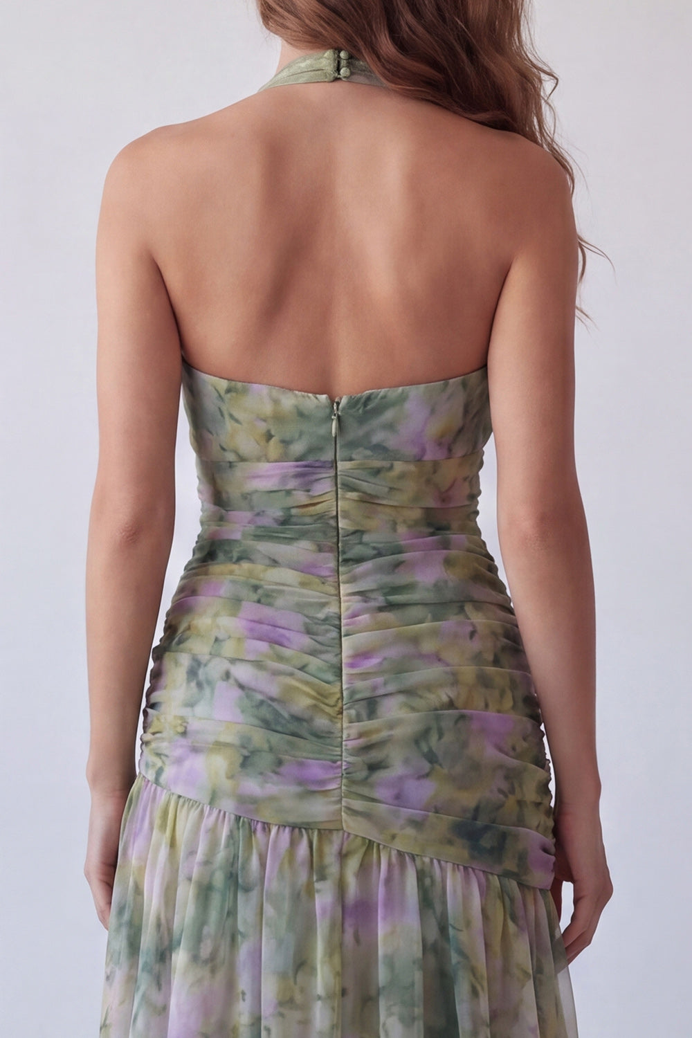 Dusty Sage Floral Halter Ruched Long A Line Formal Dress with 3D Flower