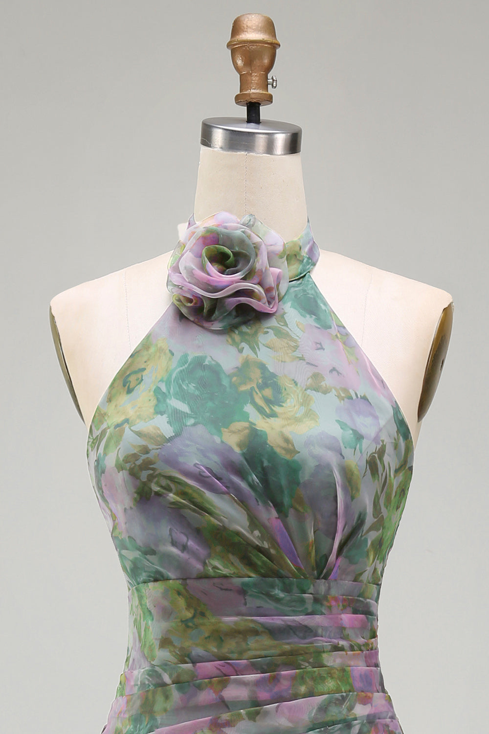 Dusty Sage Floral Halter Ruched Long A Line Formal Dress with 3D Flower