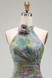 Dusty Sage Floral Halter Ruched Long A Line Formal Dress with 3D Flower
