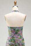 Dusty Sage Floral Halter Ruched Long A Line Formal Dress with 3D Flower