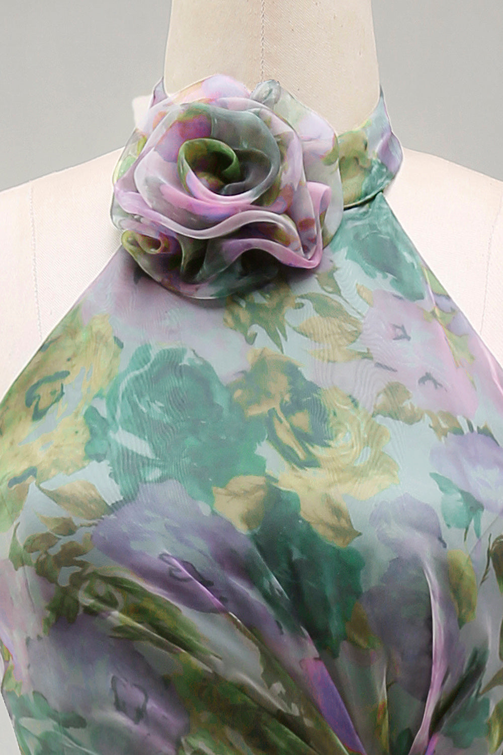 Dusty Sage Floral Halter Ruched Long A Line Formal Dress with 3D Flower