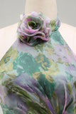 Dusty Sage Floral Halter Ruched Long A Line Formal Dress with 3D Flower