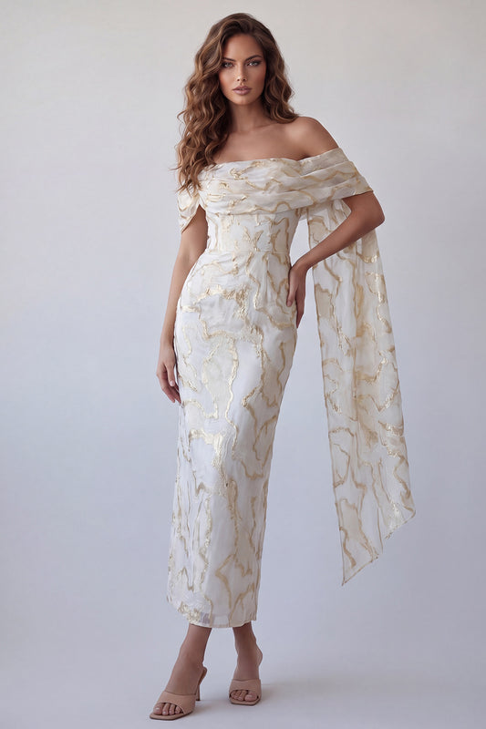 Champagne Off the Shoulder Sheath Long Formal Dress with Shawl