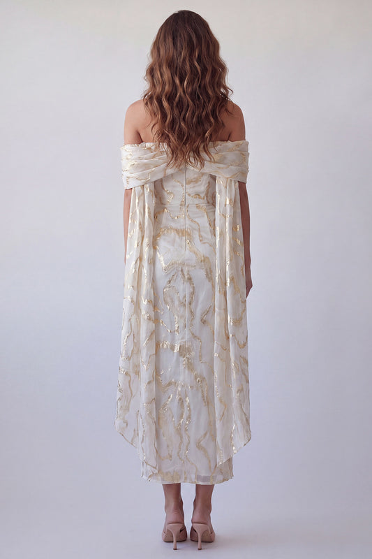 Champagne Off the Shoulder Sheath Long Formal Dress with Shawl