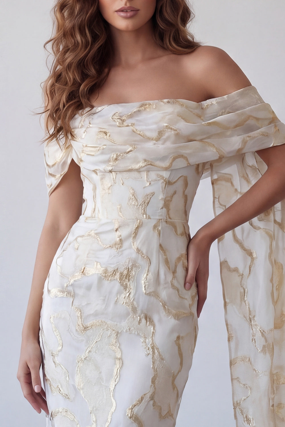 Champagne Off the Shoulder Sheath Long Formal Dress with Shawl