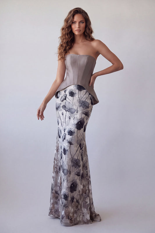 Strapless Floral Vintage Mauve Basque Waist Long Corset Mermaid Formal Dress