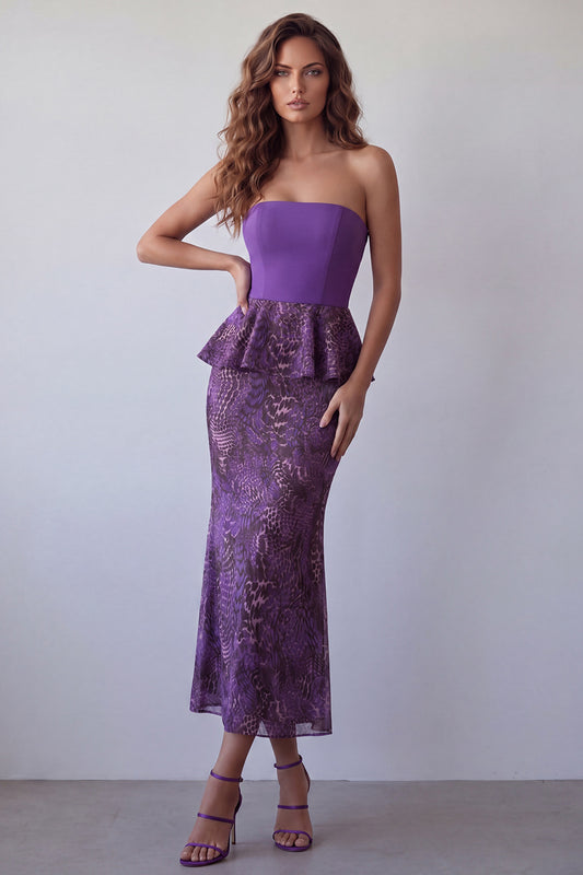 Purple Strapless Leopard Print Long Mermaid Formal Dress with Ruffles