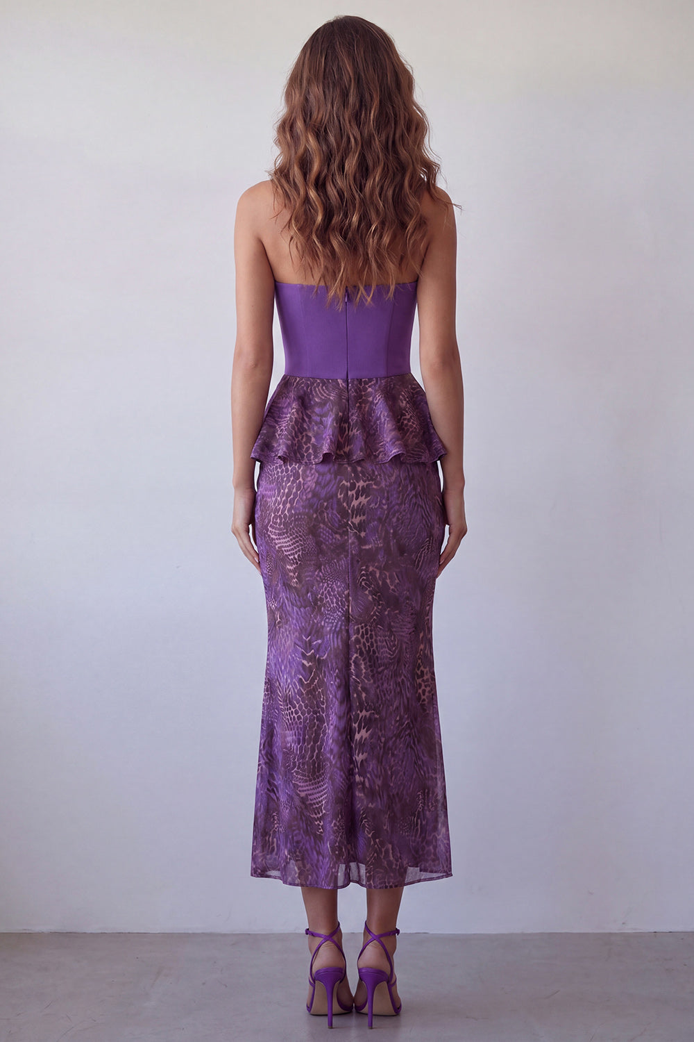 Purple Strapless Leopard Print Long Mermaid Formal Dress with Ruffles
