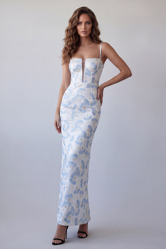 Spaghetti Straps Floral Light Blue Long Sheath Formal Dress