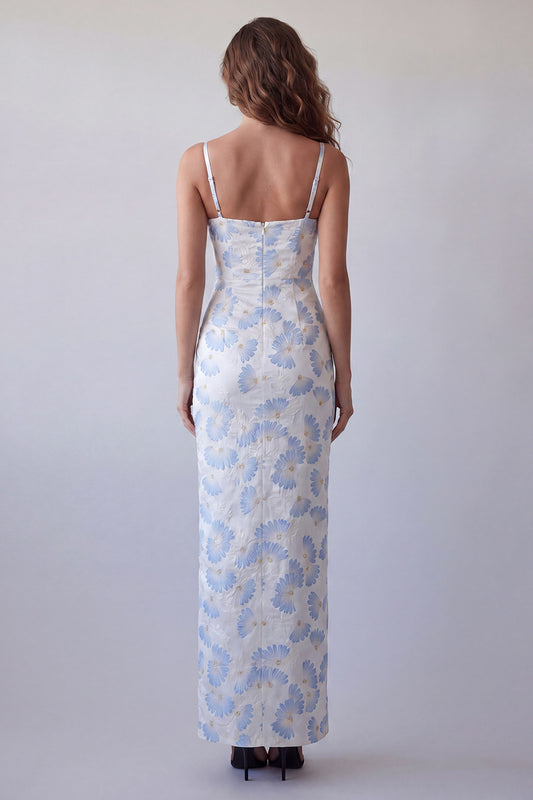 Spaghetti Straps Floral Light Blue Long Sheath Formal Dress
