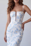 Spaghetti Straps Floral Light Blue Long Sheath Formal Dress