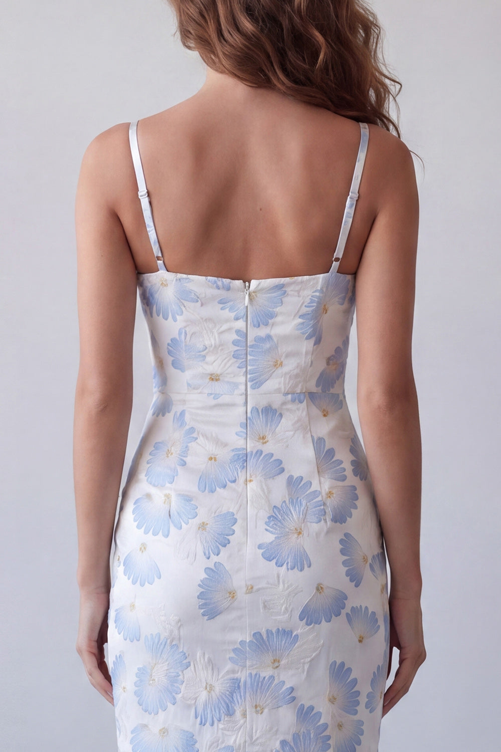 Spaghetti Straps Floral Light Blue Long Sheath Formal Dress