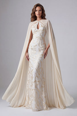 Keyhole Champagne Mermaid Long Formal Dress with Cape
