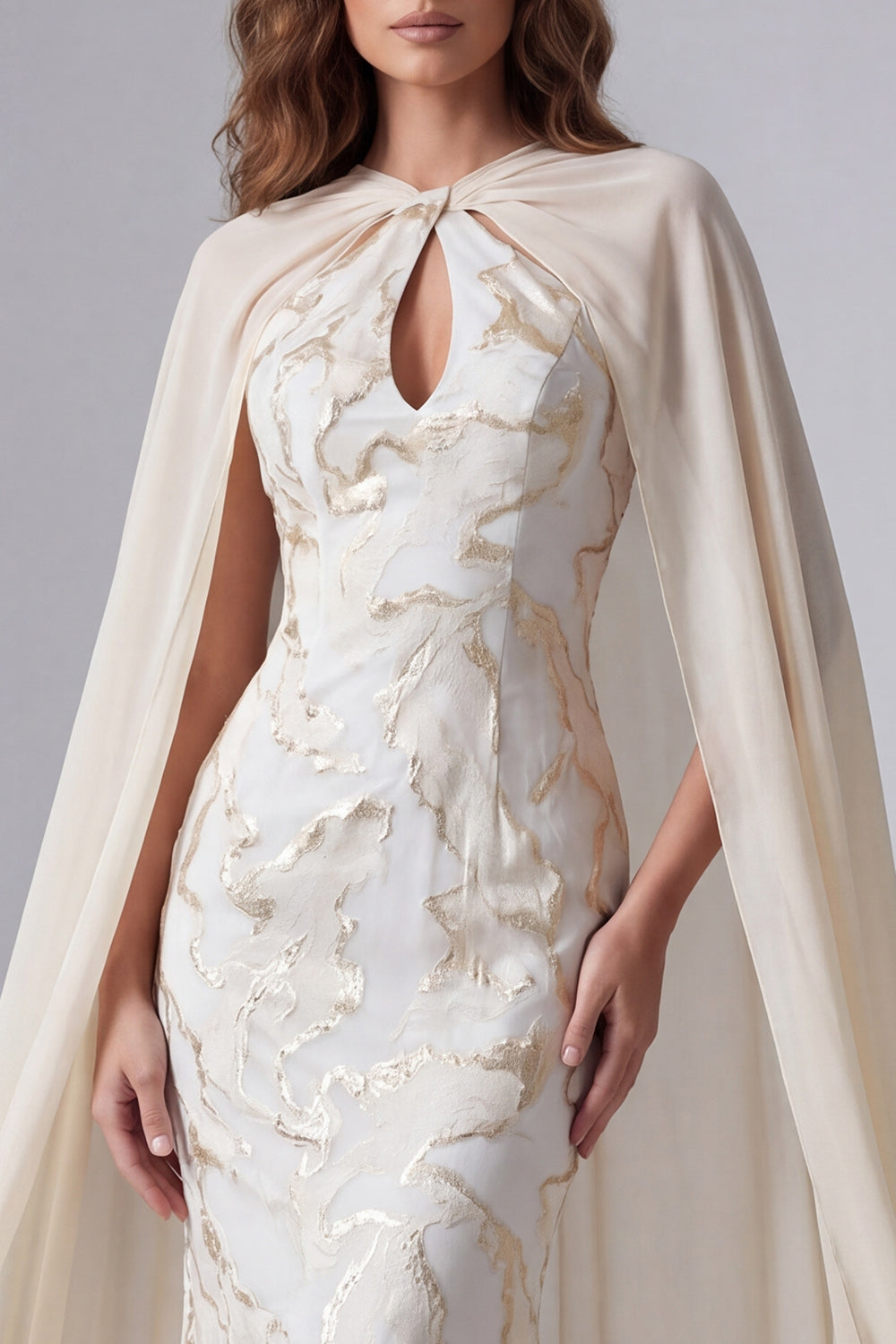 Keyhole Champagne Mermaid Long Formal Dress with Cape